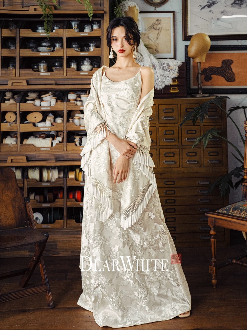 DearWhite Ivory Floral Satin Slip Dress with Fringe Shawl